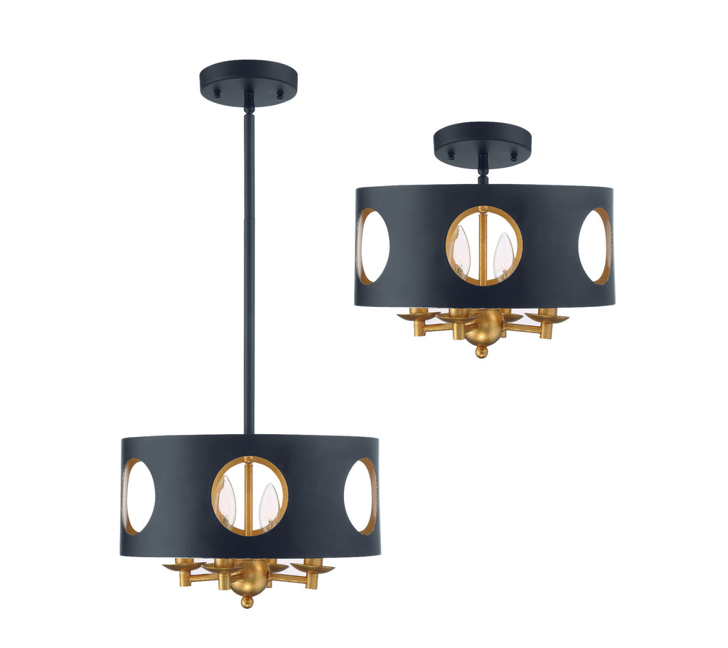 ##Antique Hardware## Odelle 4 Light Black + Antique Gold Semi Flush Mount