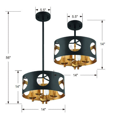 ##Antique Hardware## Odelle 4 Light Black + Antique Gold Semi Flush Mount