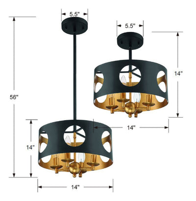 ##Antique Hardware## Odelle 4 Light Black + Antique Gold Mini Chandelier