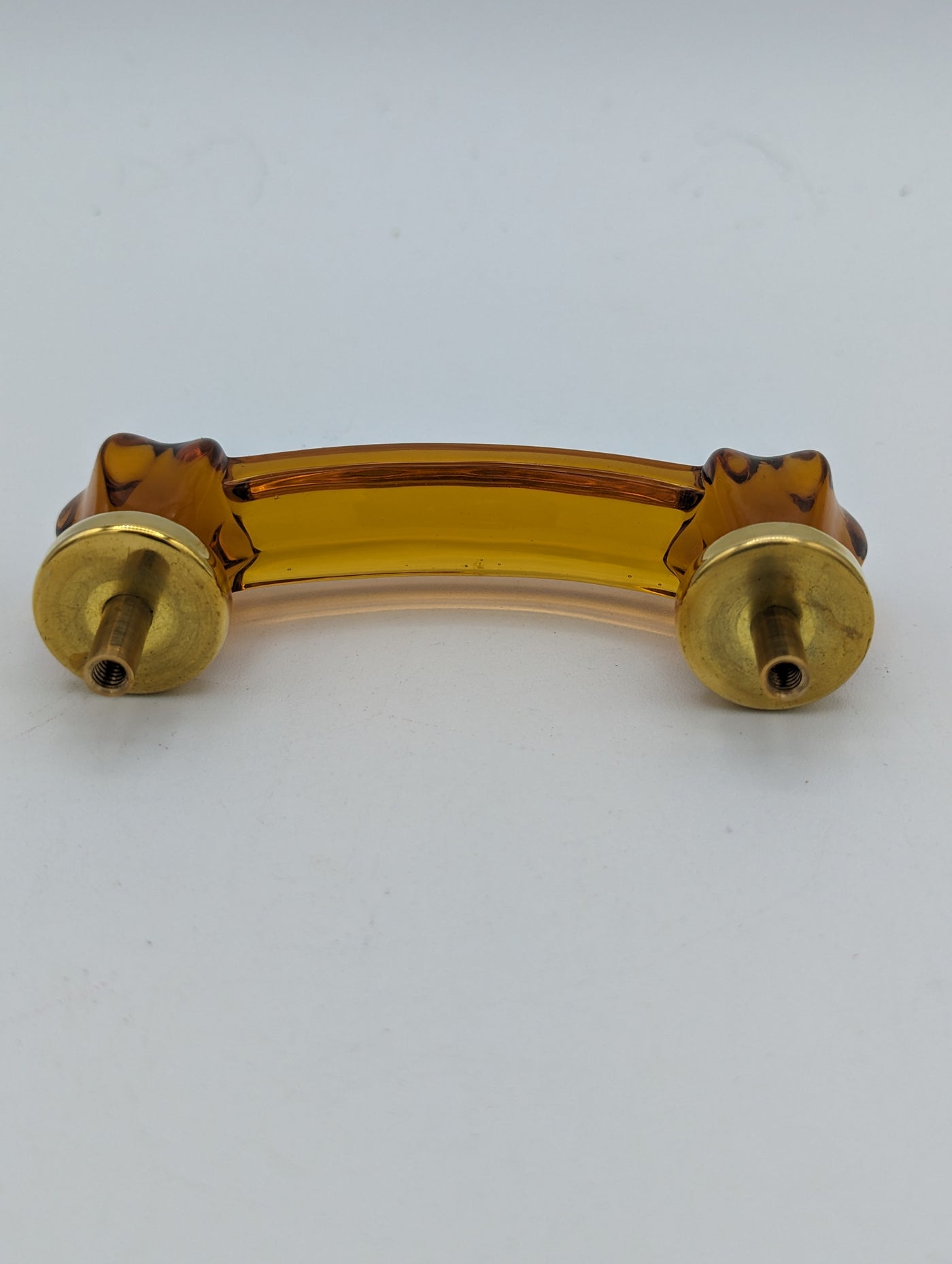 ##Antique Hardware## Open Box Sale Item 4 Inch Overall (3 Inch c-c) Amber Glass Bridge Handle (Polished Brass Finish)