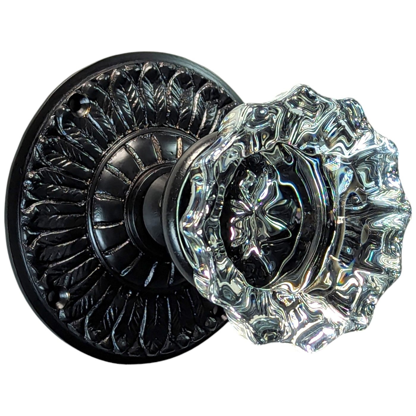 ##Antique Hardware## Feather Rosette Door Set with Fluted Crystal Door Knobs (Several Finishes Available)