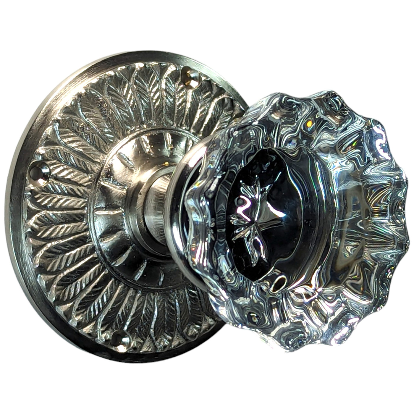 ##Antique Hardware## Feather Rosette Door Set with Fluted Crystal Door Knobs (Several Finishes Available)