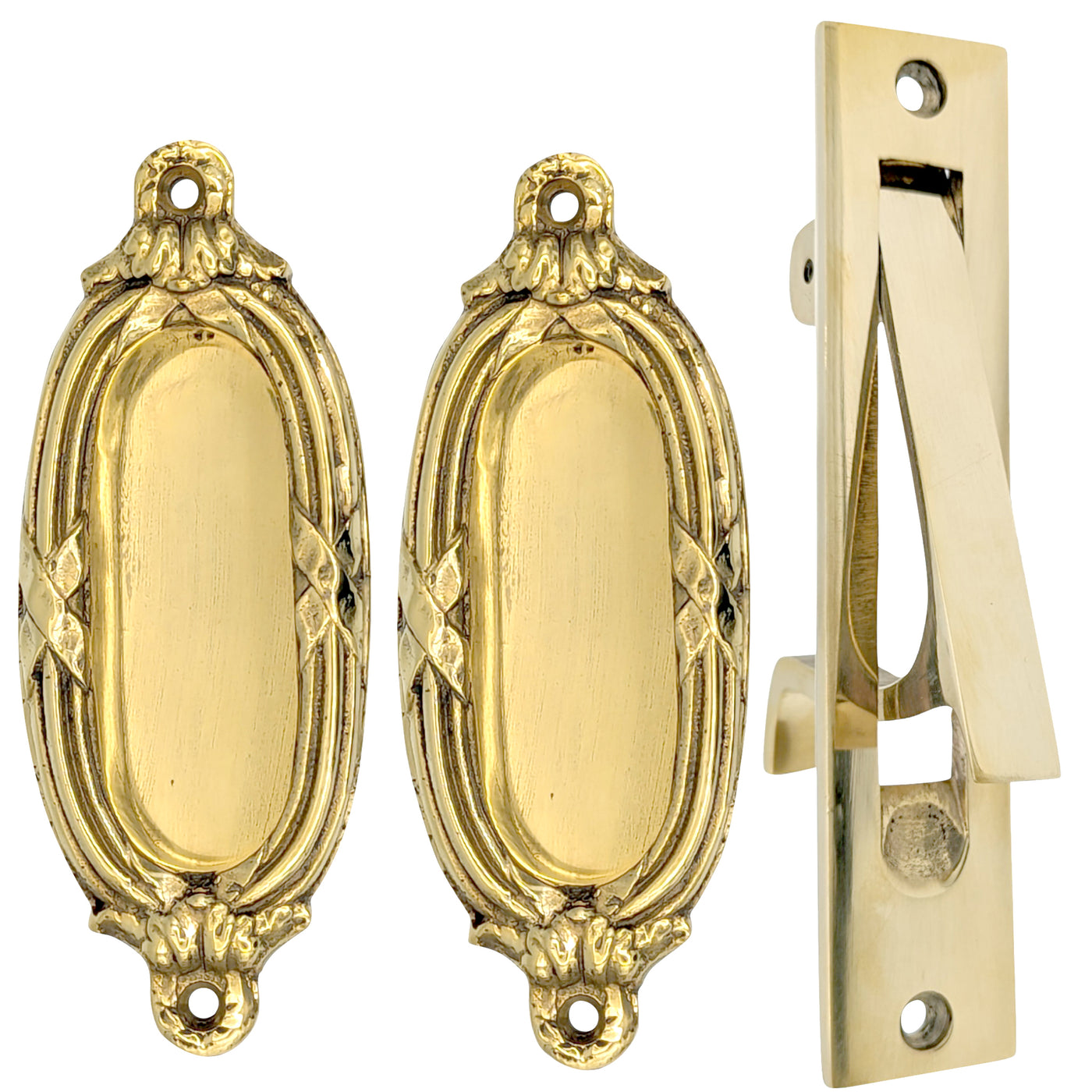 ##Antique Hardware## Ribbon & Reed Pocket Door Set (Polished Brass Finish)