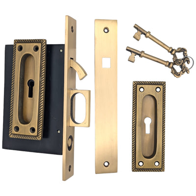 ##Antique Hardware## Georgian Square Pattern Pocket Privacy (Lock) Style Door Set