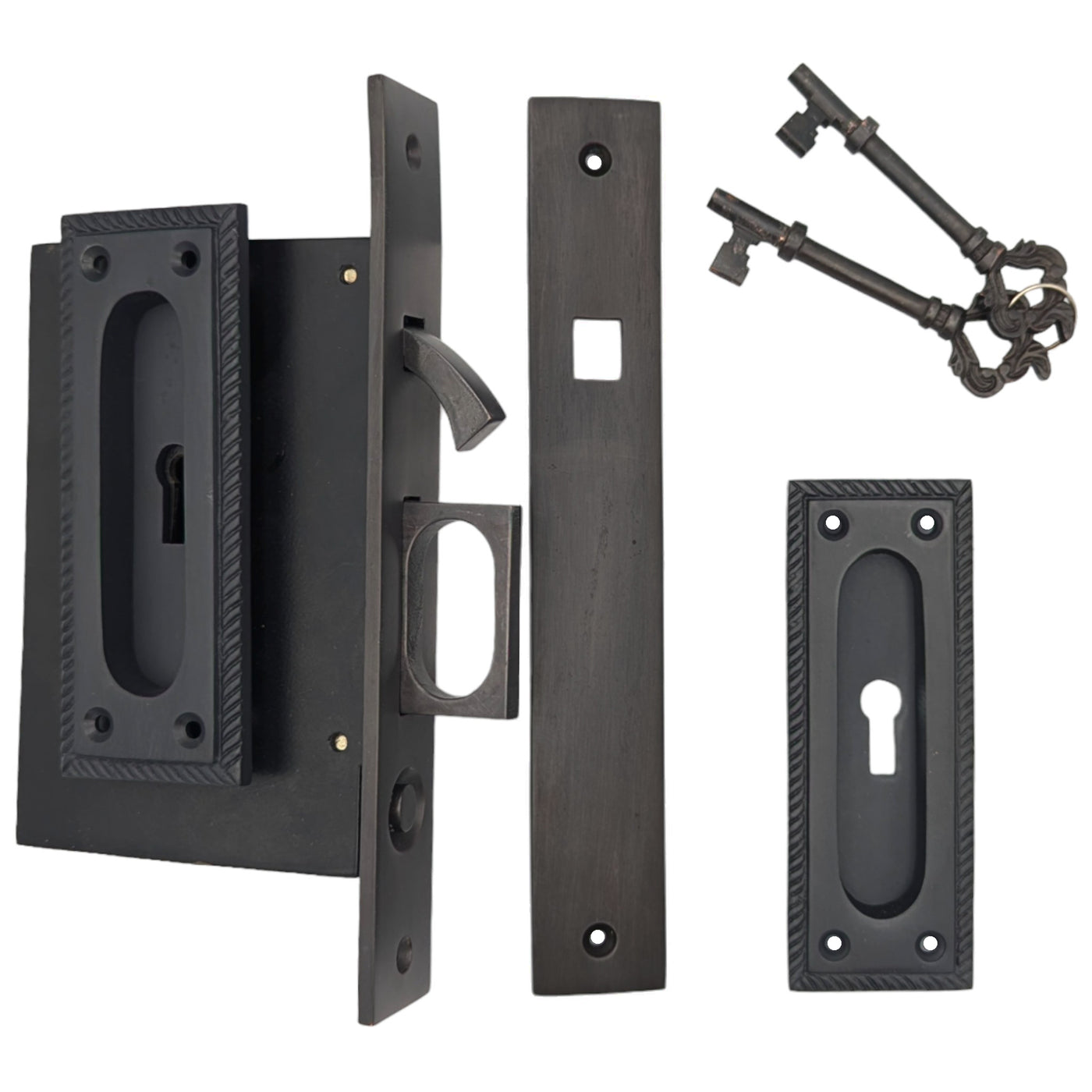 ##Antique Hardware## Georgian Square Pattern Pocket Privacy (Lock) Style Door Set