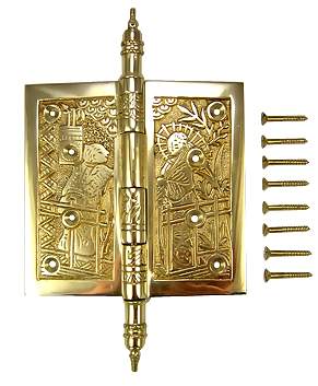 ##Antique Hardware## Open Box Sale Item 4 1/2 x 4 1/2 Inch Japanesque Style Ornate Solid Brass Hinge (Polished Brass Finish)