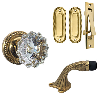 Georgian Roped Door Set with Crystal Door Knobs and Brass Pulls (Several Finishes Available)