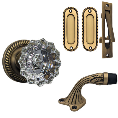 Georgian Roped Door Set with Crystal Door Knobs and Brass Pulls (Several Finishes Available)