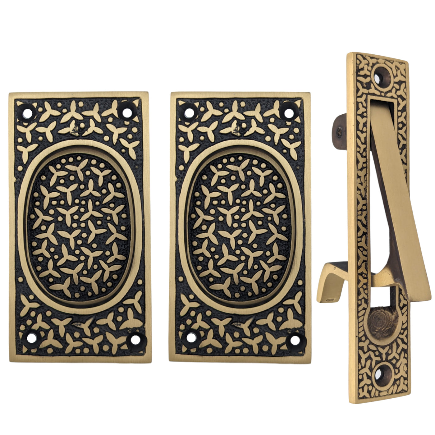 ##Antique Hardware## Rice Pattern Pocket Door Set (Several Finishes Available)