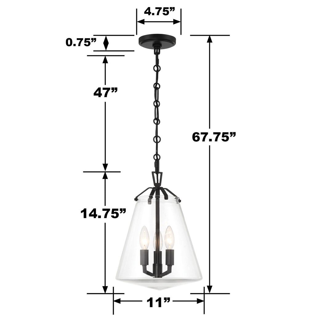 ##Antique Hardware## Voss 3 Light Matte Black Mini Chandelier