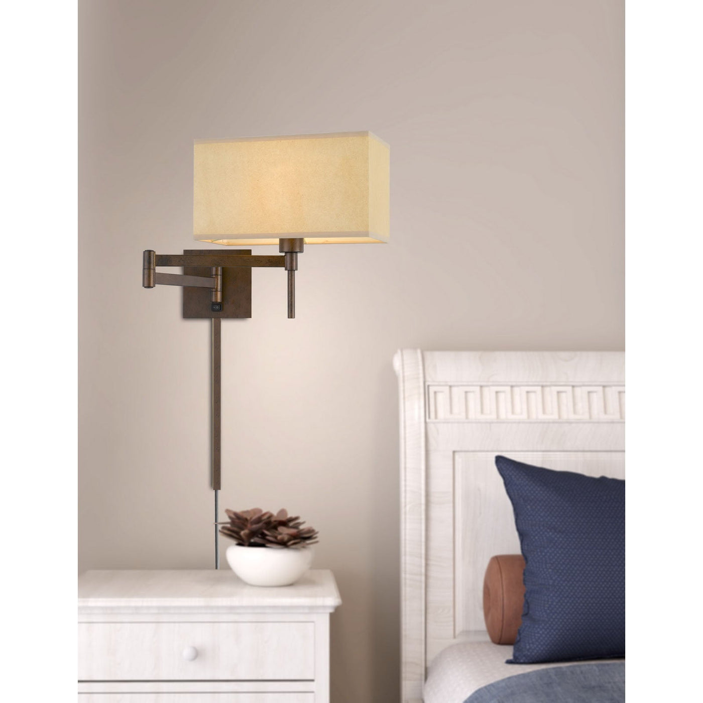 Antique Hardware 60W ROBSON WALL SWING ARM READING LAMP WITH RECTANGULAR HARDBACK FABRIC SHADE. 3 FT WIRE COVER INCLUDED. Wall Sconce