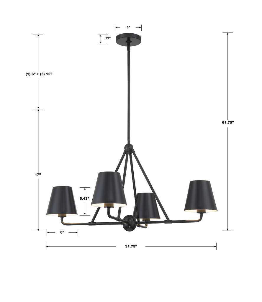 ##Antique Hardware## Xavier 4 Light Matte Black Chandelier