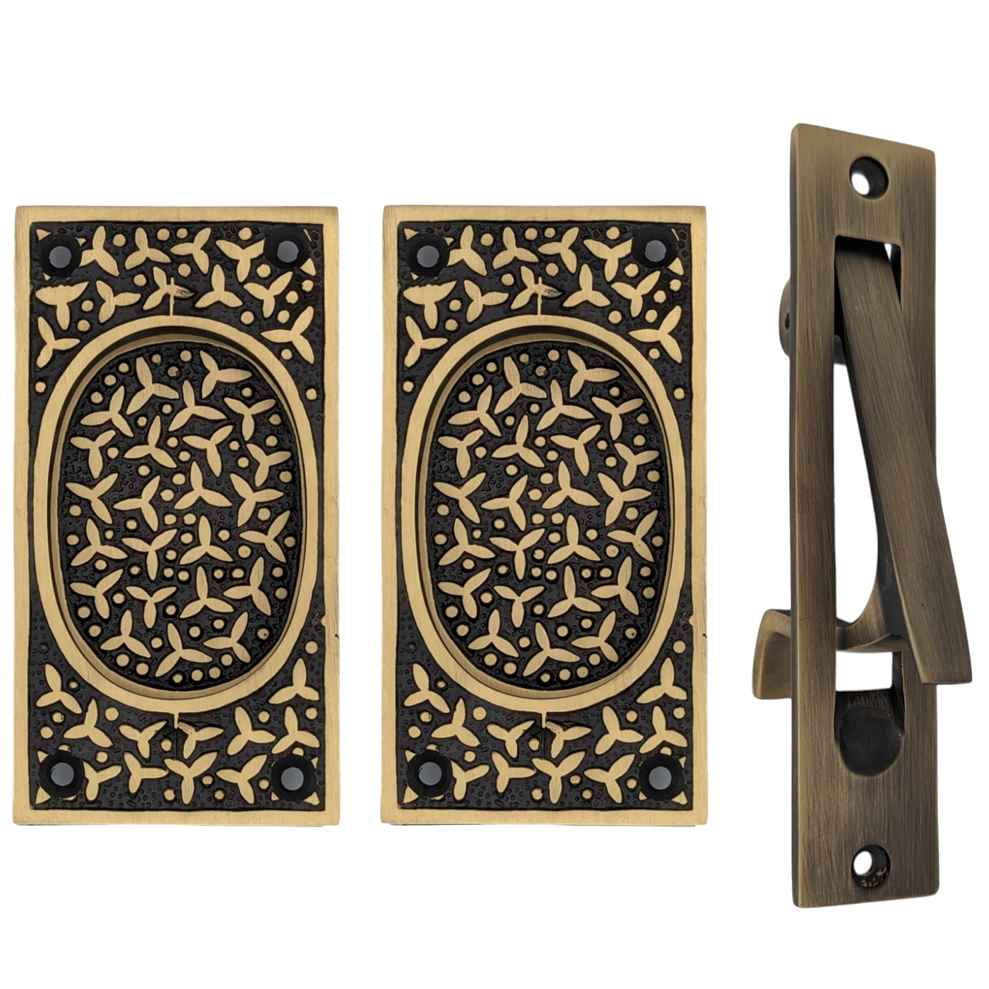 ##Antique Hardware## Rice Pattern Pocket Door Set (Several Finishes Available)