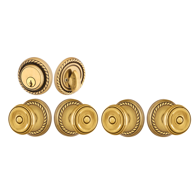 ##Antique Hardware## Emtek Solid Brass Waverly Door Knob Deadbolt Set with Georgian Rope Rosette