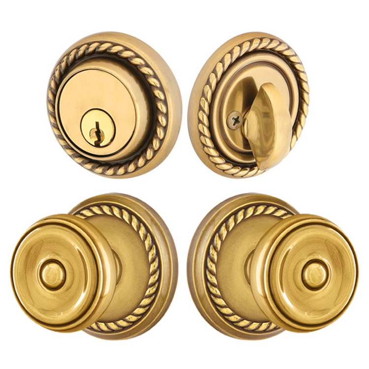 ##Antique Hardware## Emtek Solid Brass Waverly Door Knob Deadbolt with Georgian Rope Rosette