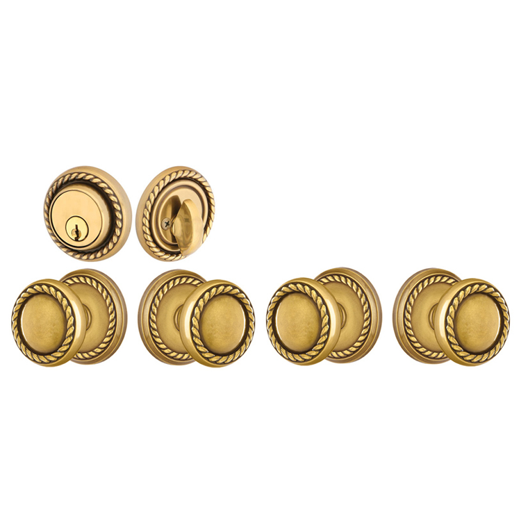 ##Antique Hardware## Emtek Solid Brass Rope Door Knob Deadbolt Set with Georgian Rope Rosette