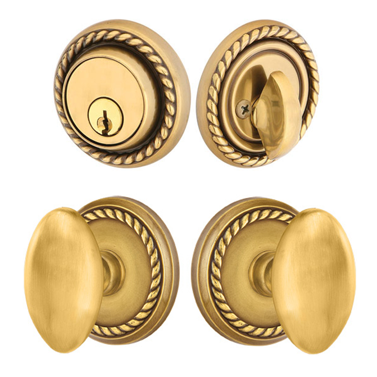 ##Antique Hardware## Solid Brass Egg Door Knob Deadbolt with Georgian Rope Rosette