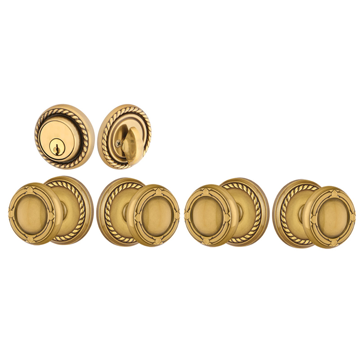 ##Antique Hardware## Emtek Solid Brass Ribbon & Reed Door Knob Deadbolt Set with Georgian Rope Rosette