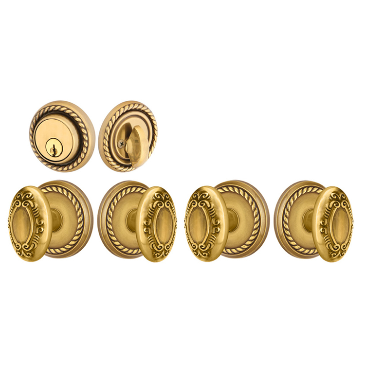 ##Antique Hardware## Emtek Solid Brass Victoria Door Knob Deadbolt Set with Georgian Rope Rosette