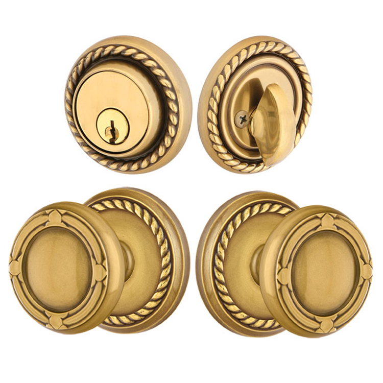 ##Antique Hardware## Emtek Solid Brass Ribbon & Reed Door Knob Deadbolt with Georgian Rope Rosette