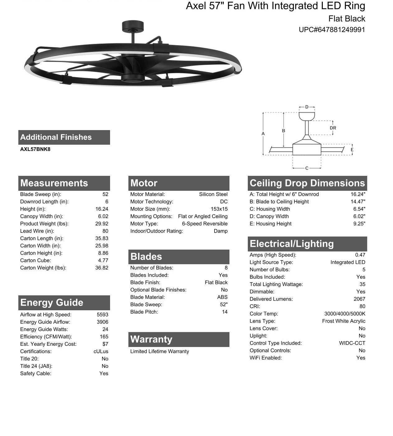 52" Axel Indoor/Outdoor (Damp) in Flat Black w/ Flat Black Blades