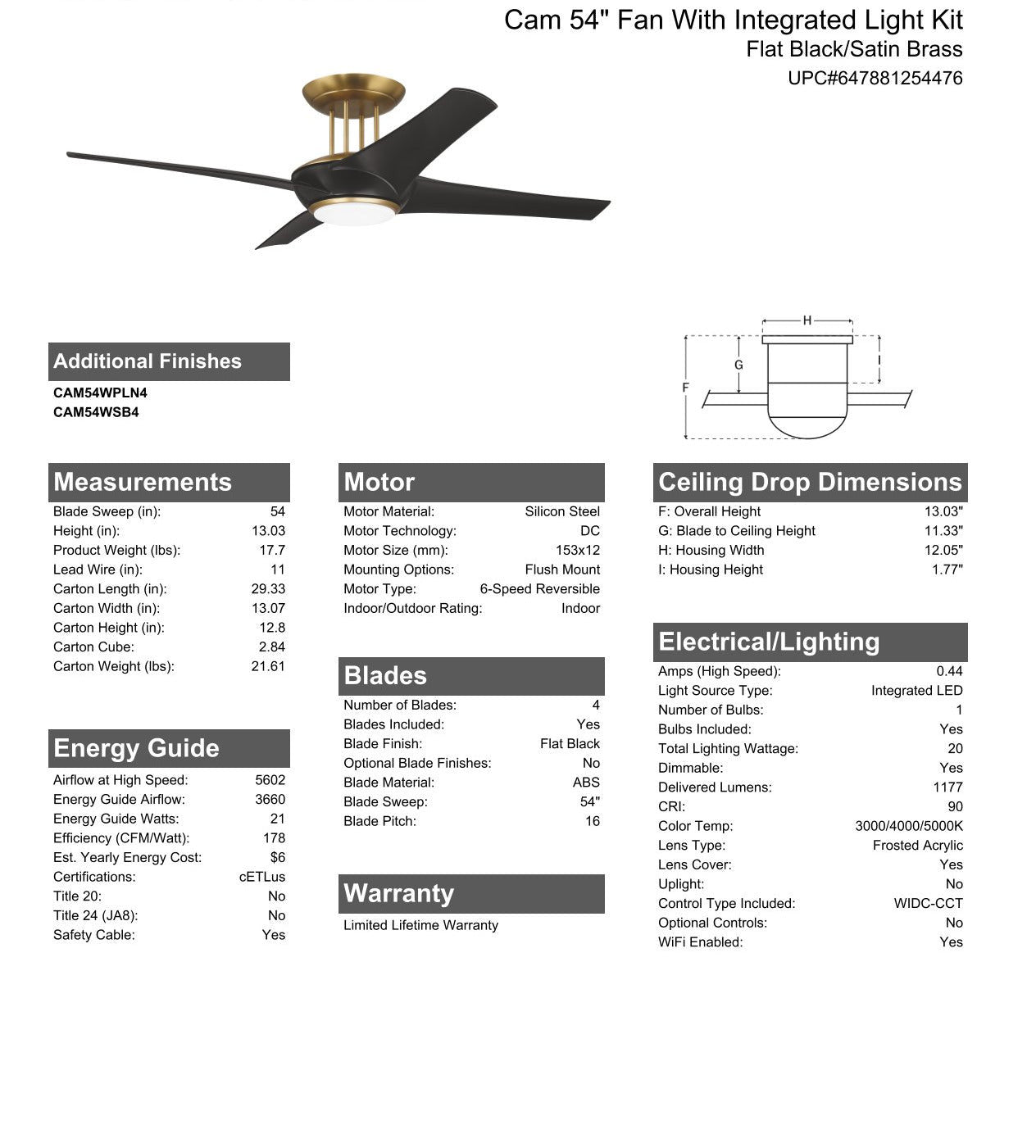 54" Cam in Flat Black/Satin Brass w/ Flat Black Blades