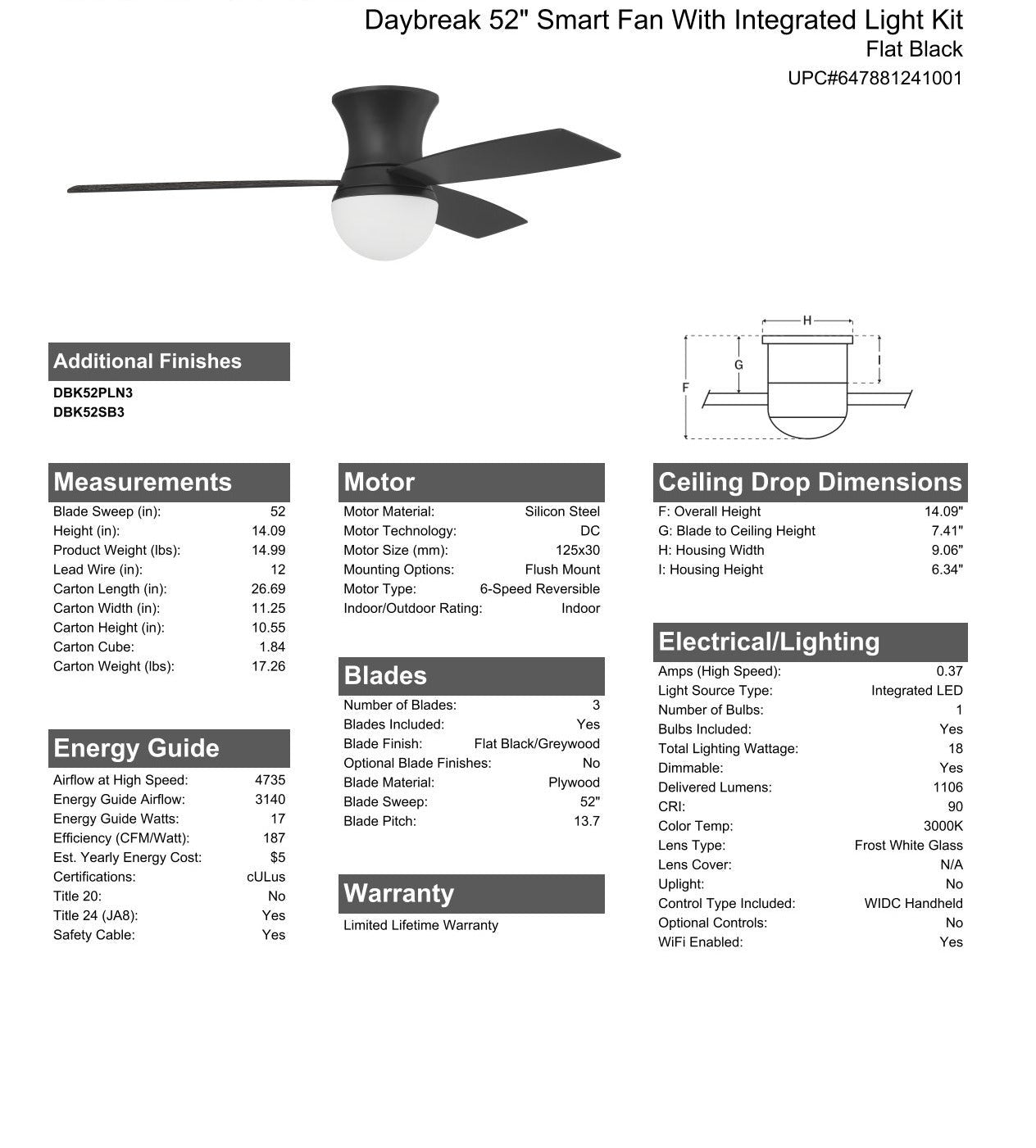 52" Daybreak in Flat Black w/ Flat Black/Greywood Blades