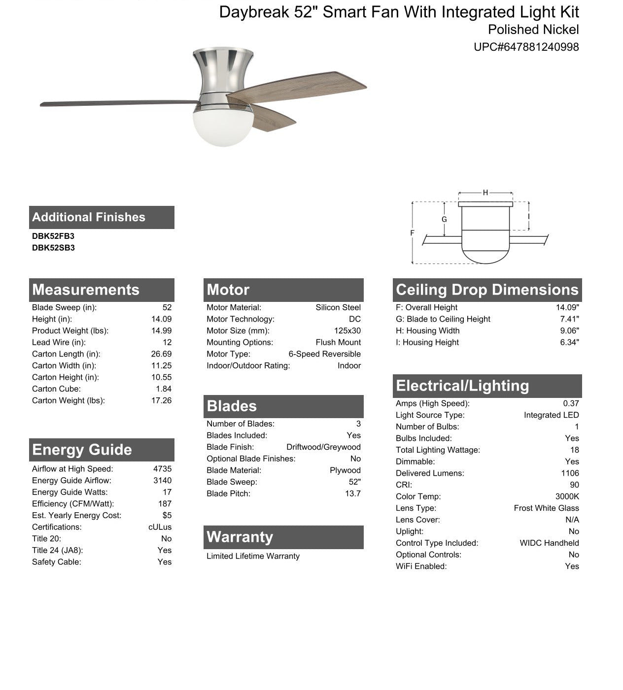 52" Daybreak in Polished Nickel w/ Driftwood/Greywood Blades