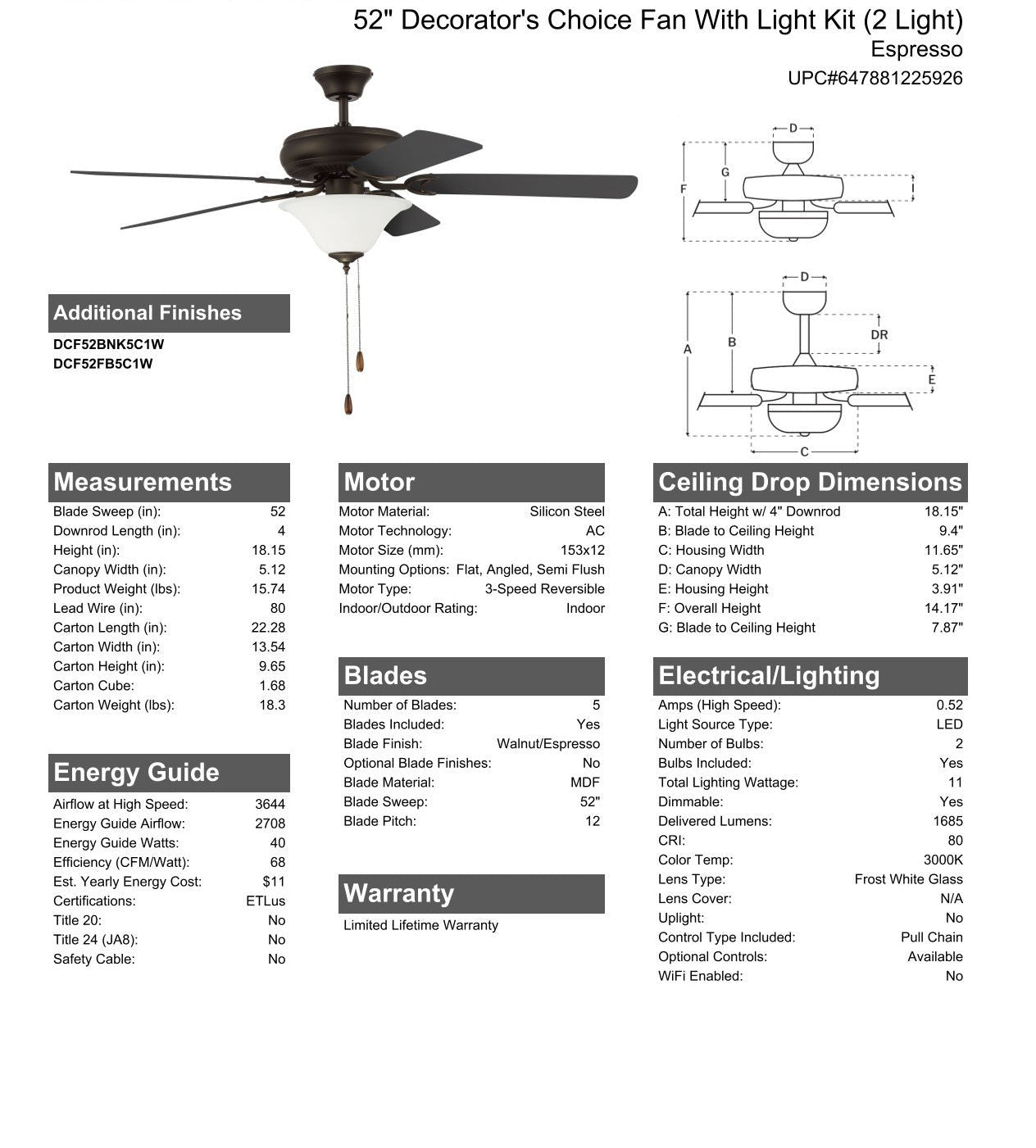 52" Decorator's Choice 2 Light in Espresso w/ Walnut/Espresso Blades