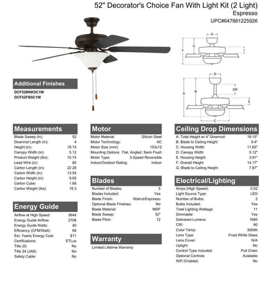 52" Decorator's Choice 2 Light in Espresso w/ Walnut/Espresso Blades