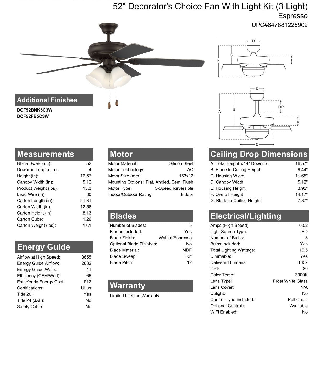 52" Decorator's Choice 3 Light in Espresso w/ Walnut/Espresso Blades