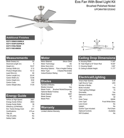 52" Eos 3 Light Bowl in Brushed Polished Nickel w/ Brushed Nickel/Greywood Blades