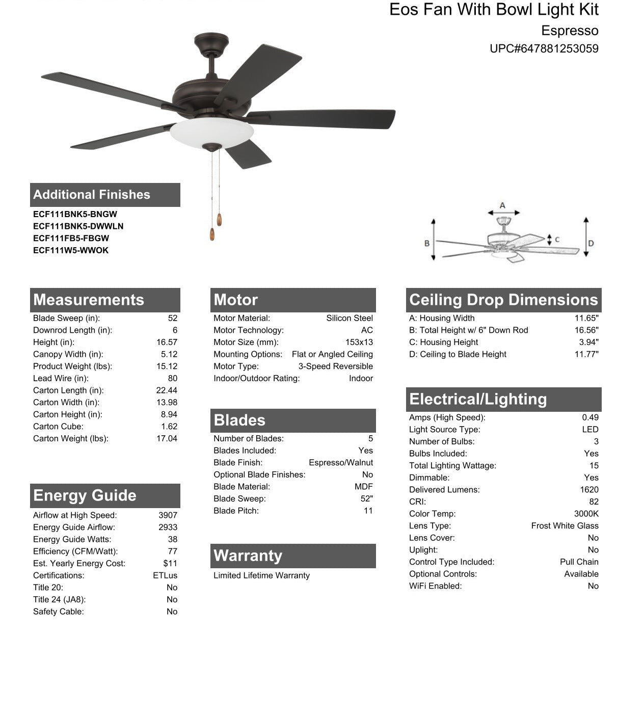 52" Eos 3 Light Bowl in Espresso w/ Espresso/Walnut Blades