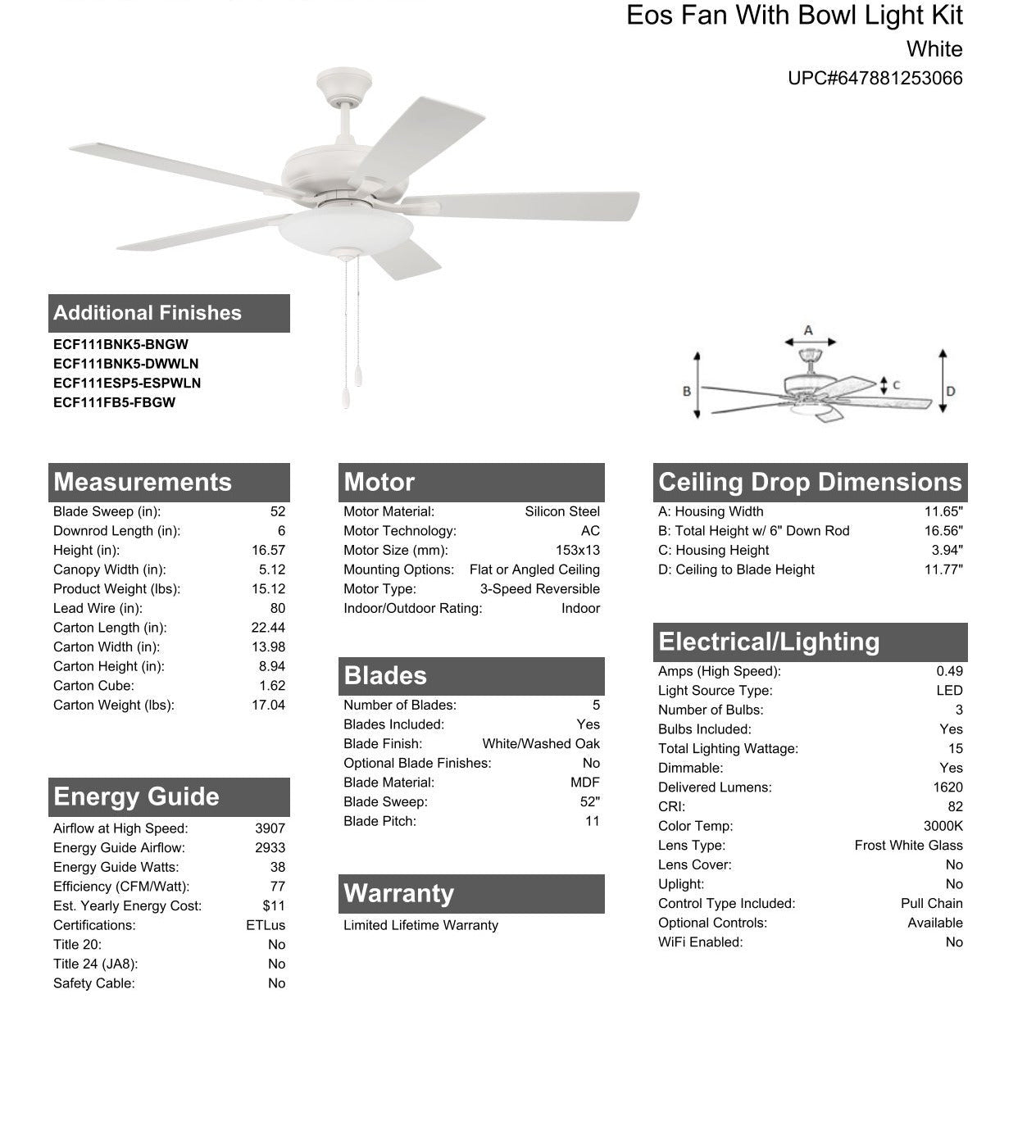 52" Eos 3 Light Bowl in White w/ White/Washed Oak Blades