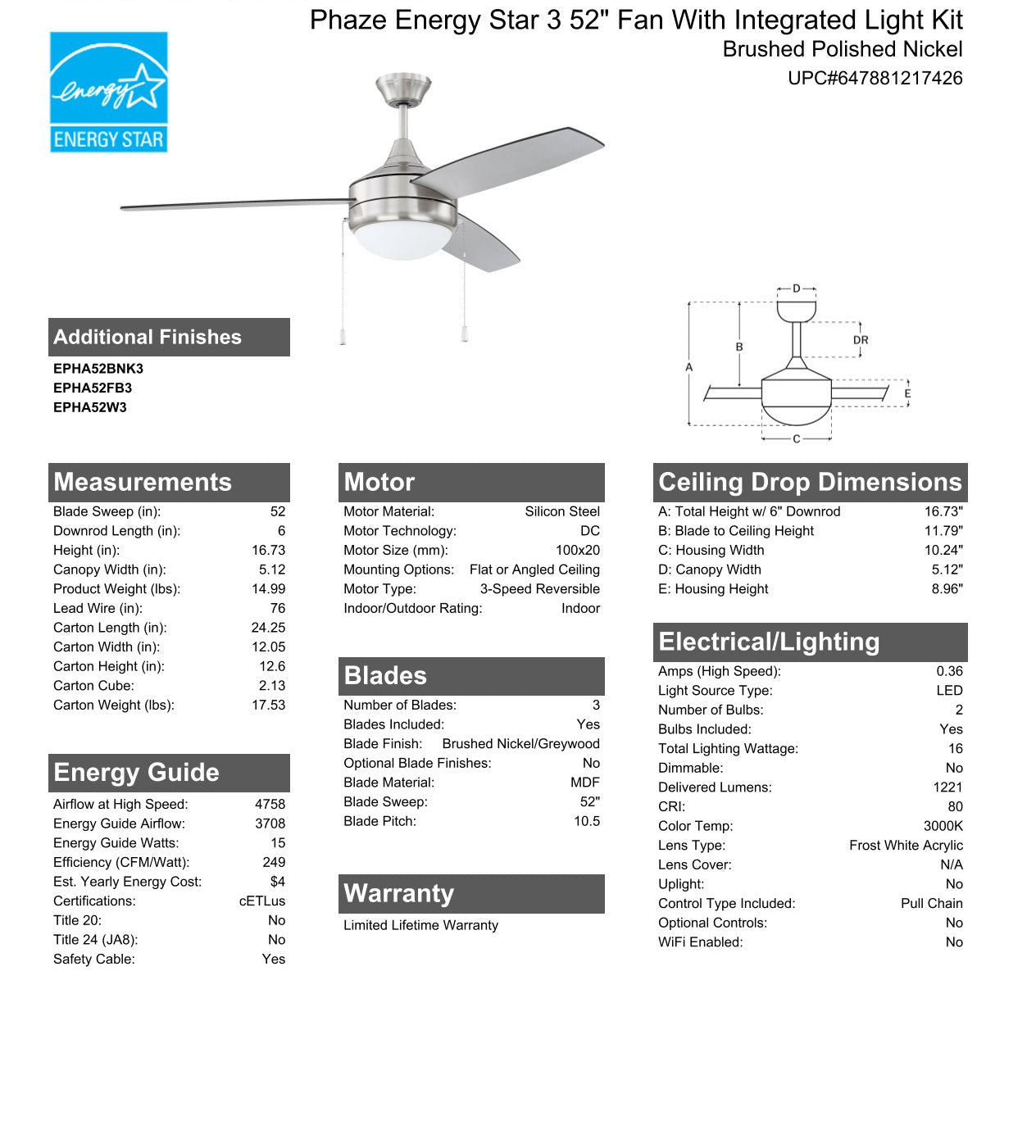 52" Phaze Energy Star 3 in Brushed Polished Nickel w/ Brushed Nickel/Greywood Blades