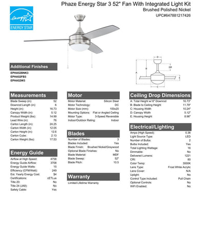 52" Phaze Energy Star 3 in Brushed Polished Nickel w/ Brushed Nickel/Greywood Blades