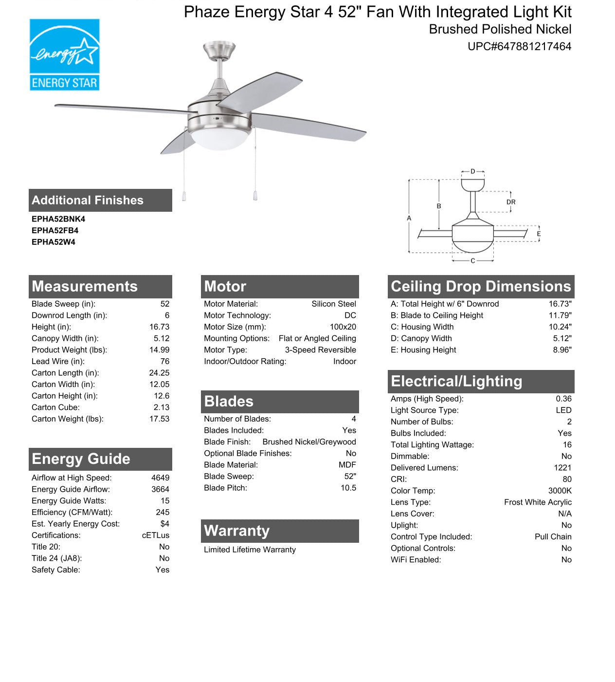 52" Phaze Energy Star 4 in Brushed Polished Nickel w/ Brushed Nickel/Greywood Blades