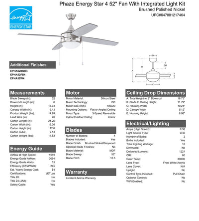 52" Phaze Energy Star 4 in Brushed Polished Nickel w/ Brushed Nickel/Greywood Blades