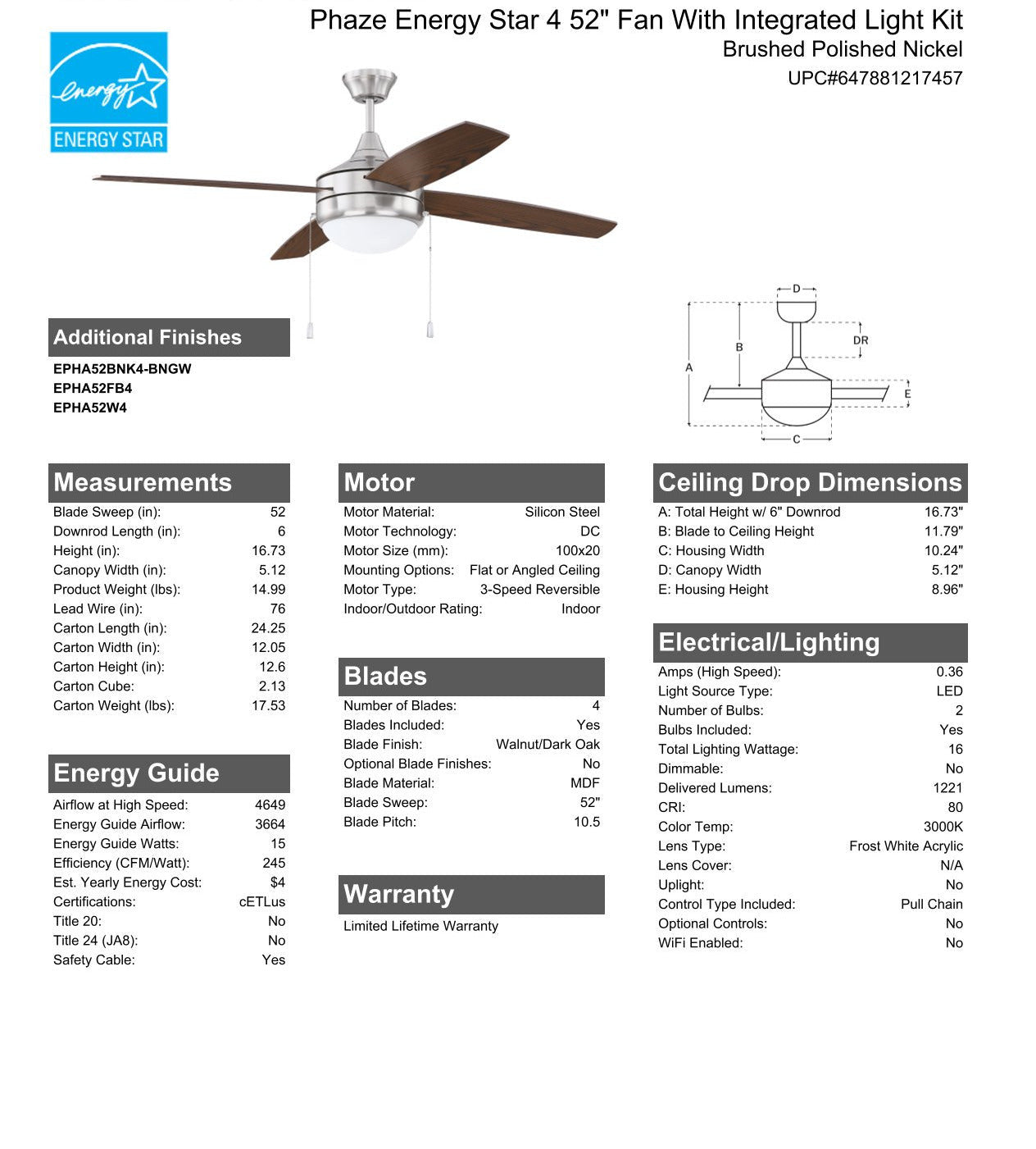 52" Phaze Energy Star 4 in Brushed Polished Nickel w/ Walnut/Dark Oak Blades