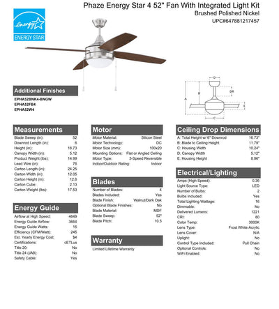 52" Phaze Energy Star 4 in Brushed Polished Nickel w/ Walnut/Dark Oak Blades