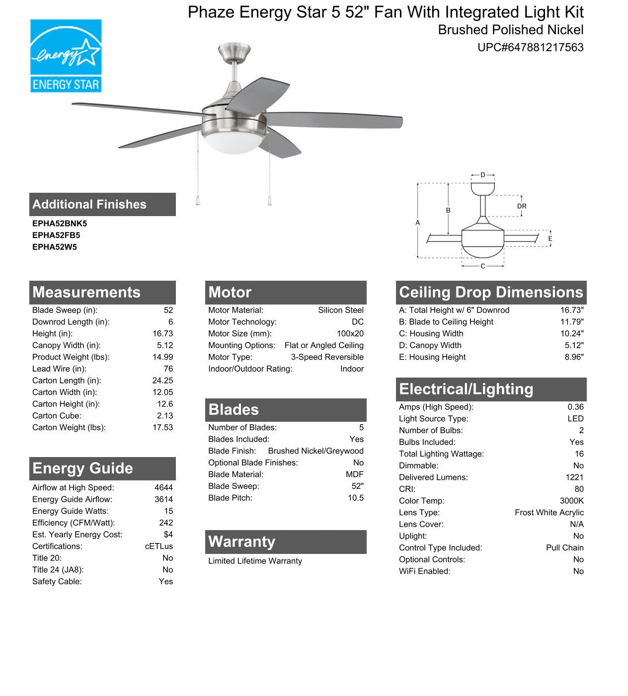 52" Phaze Energy Star 5 in Brushed Polished Nickel w/ Brushed Nickel/Greywood Blades