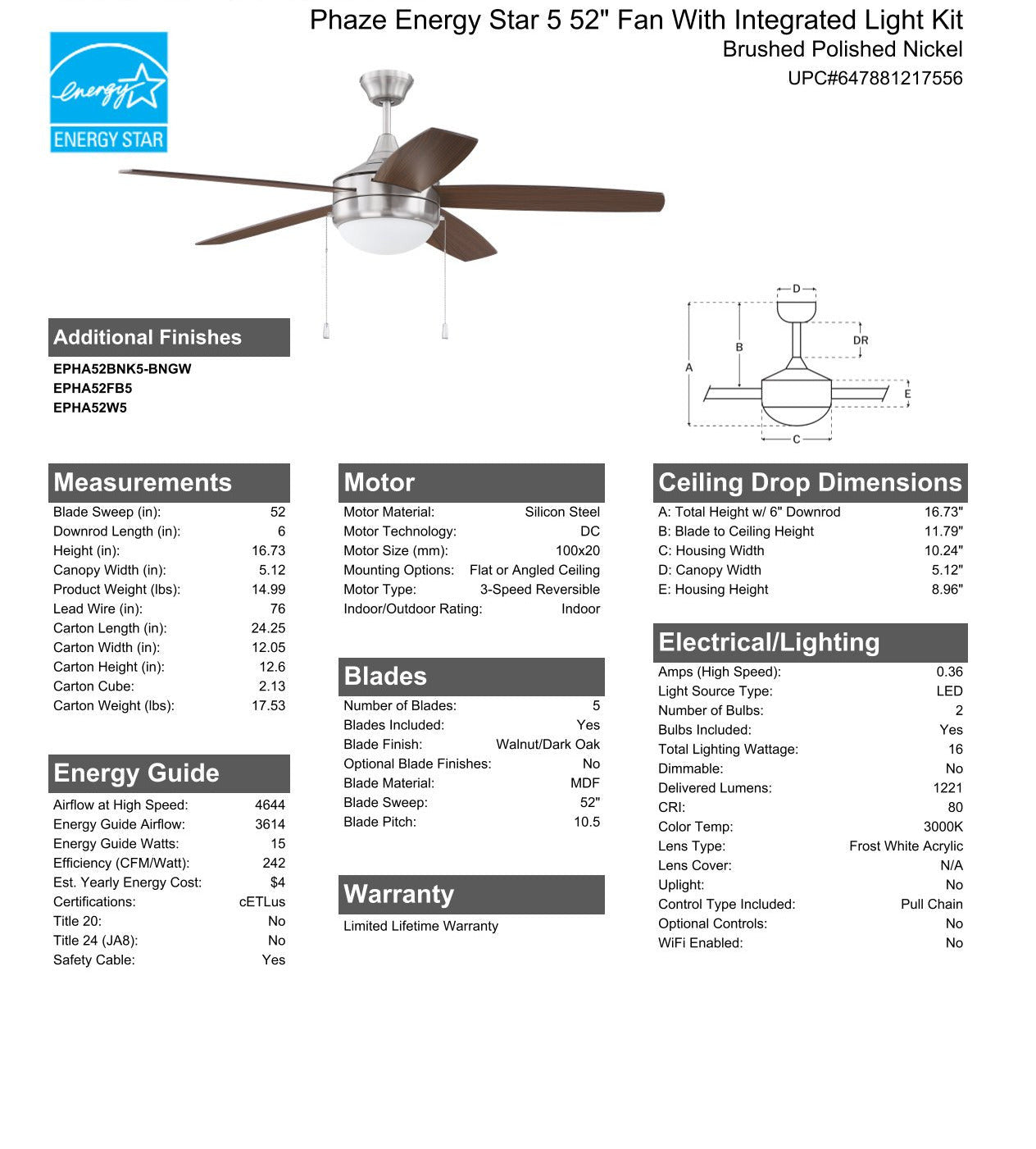 52" Phaze Energy Star 5 in Brushed Polished Nickel w/ Walnut/Dark Oak Blades