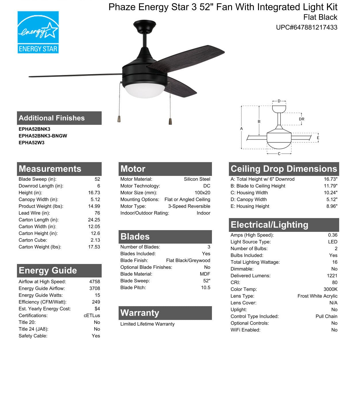 52" Phaze Energy Star 3 in Flat Black w/ Flat Black/Greywood Blades