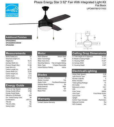 52" Phaze Energy Star 3 in Flat Black w/ Flat Black/Greywood Blades