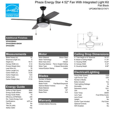 52" Phaze Energy Star 4 in Flat Black w/ Flat Black/Greywood Blades