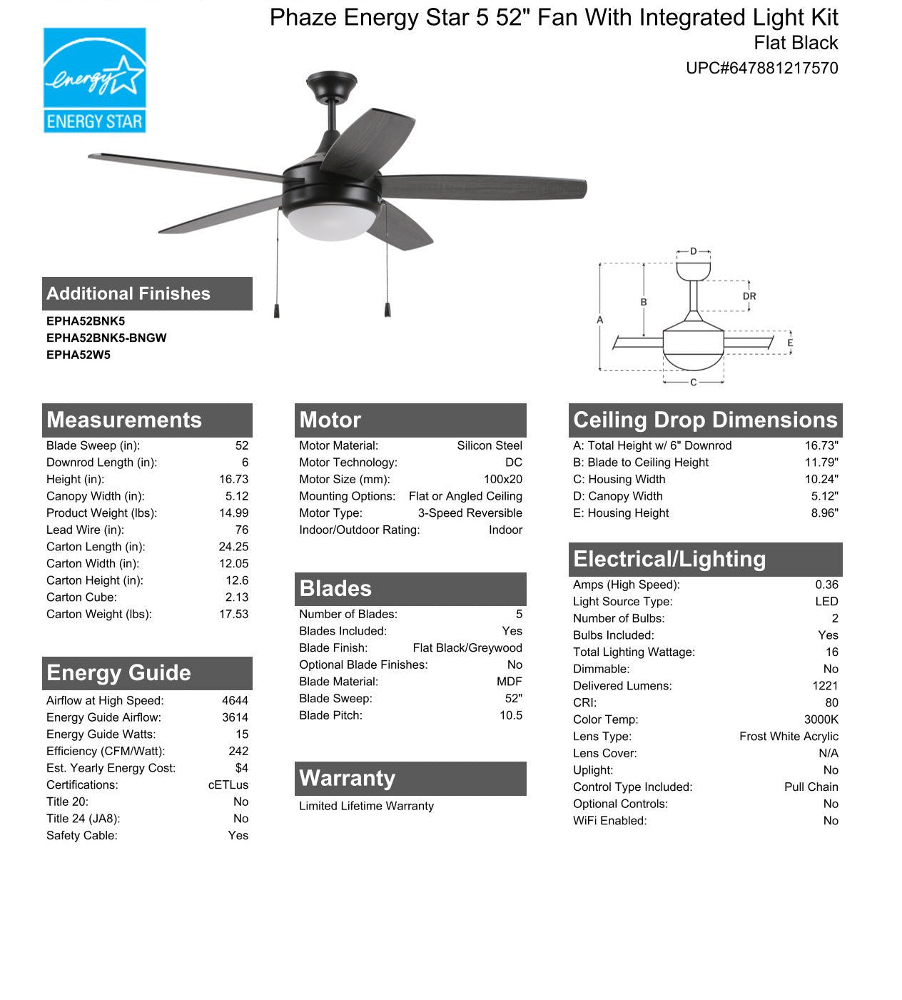 52" Phaze Energy Star 5 in Flat Black  w/ Flat Black/Greywood Blades