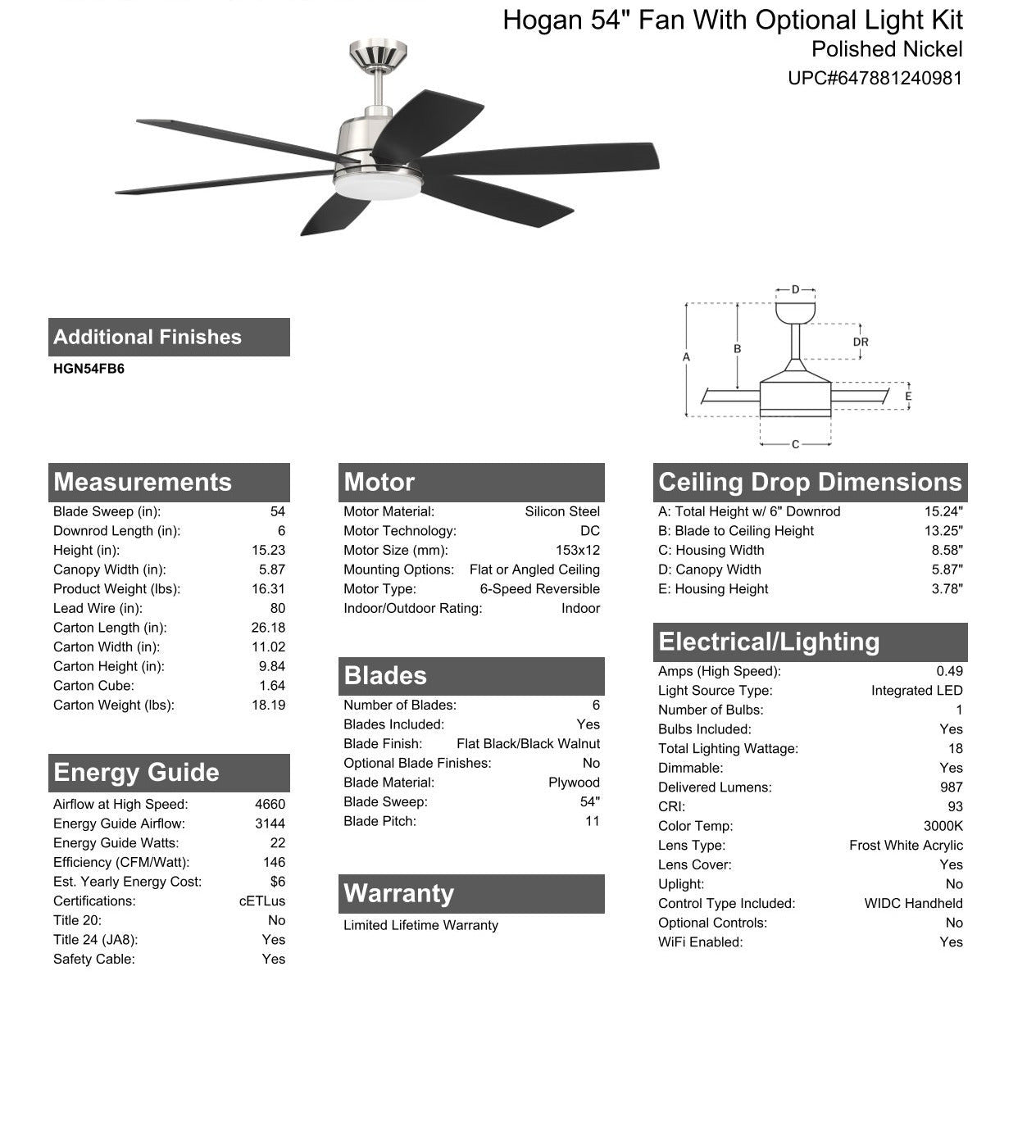 54" Hogan Fan in Polished Nickel Finish, Blades Included