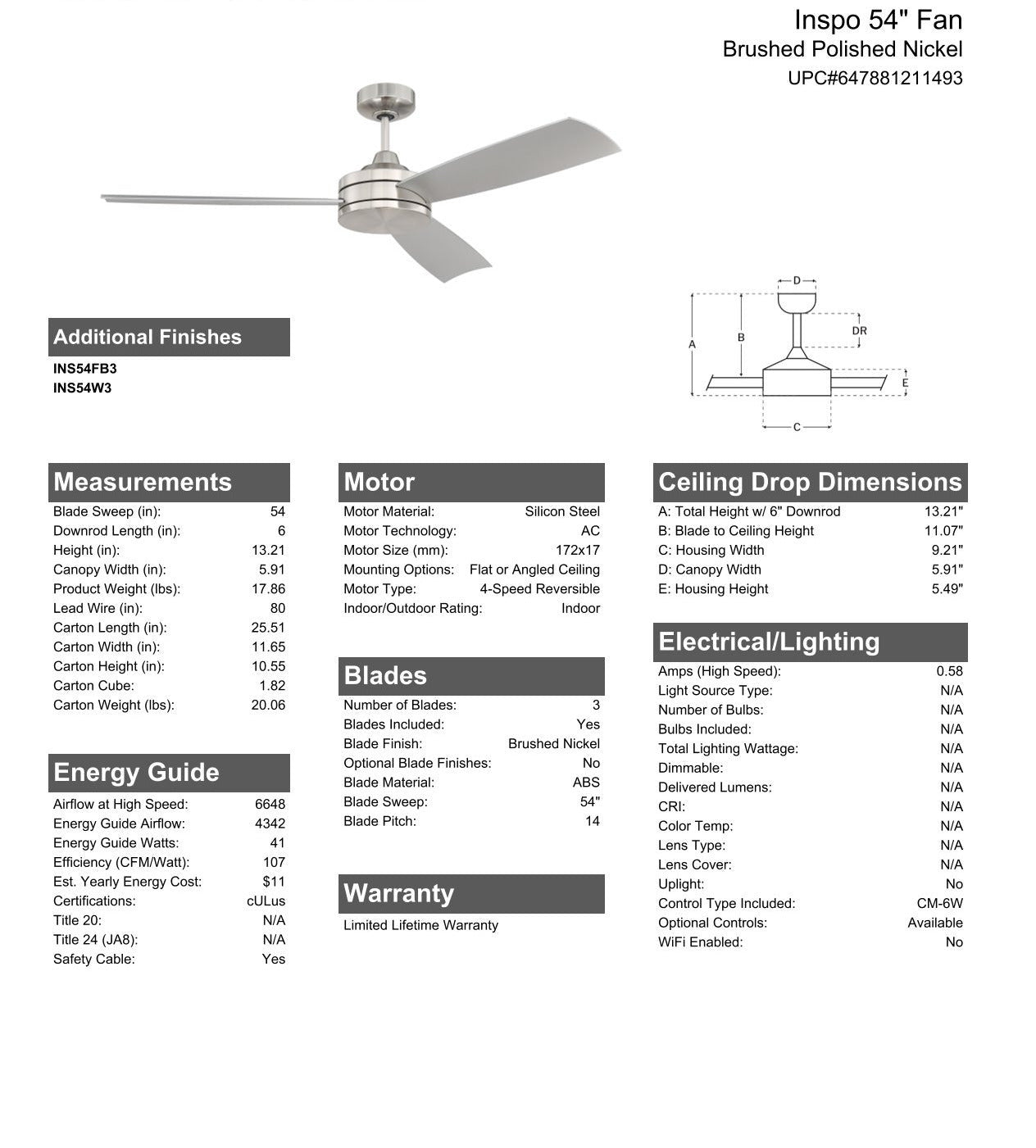 54" Inspo in Brushed Polished Nickel w/ Brushed Nickel Blades