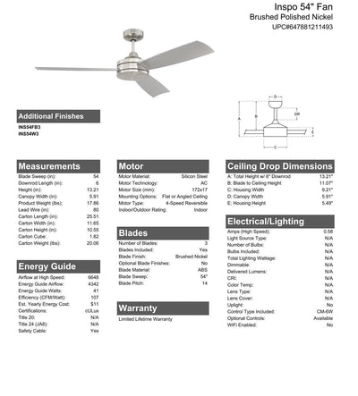 54" Inspo in Brushed Polished Nickel w/ Brushed Nickel Blades