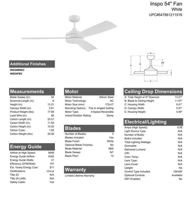 54" Inspo Indoor/Outdoor (Damp) in White w/ White Blades